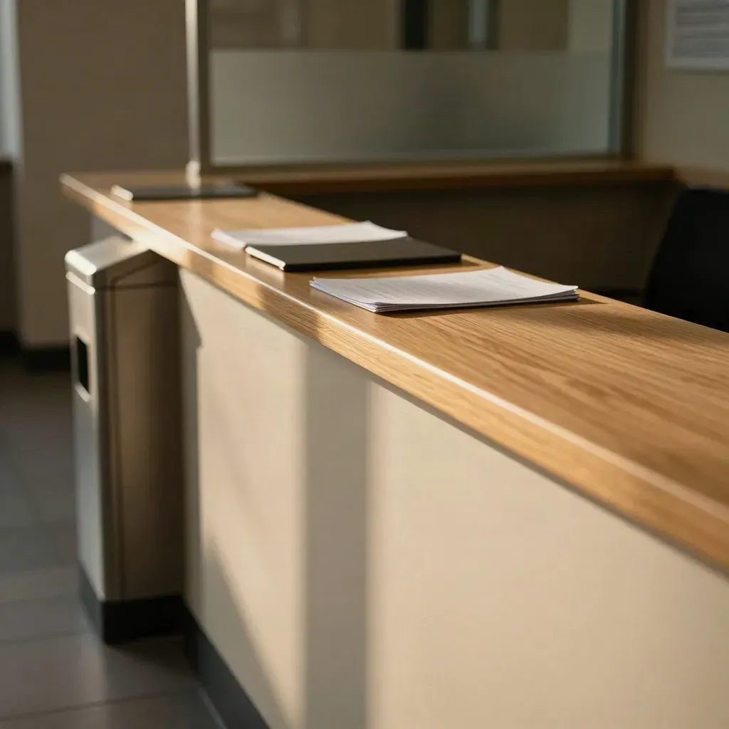 Mostrador de admisiones universitarias vacío con tornillo de acceso y bandejas cerradas
