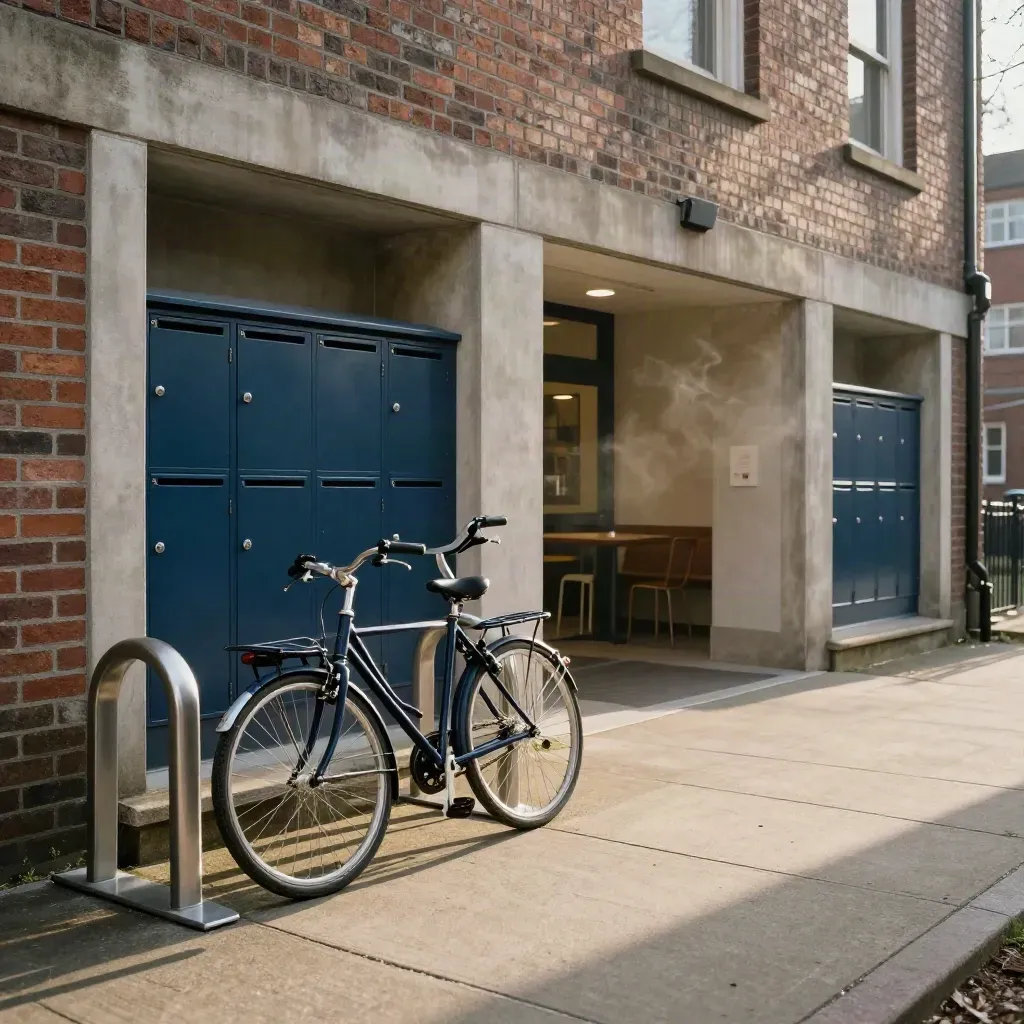 Residencia universitaria con bicicletas, buzones y comedor abierto, con vapor y sombras largas.