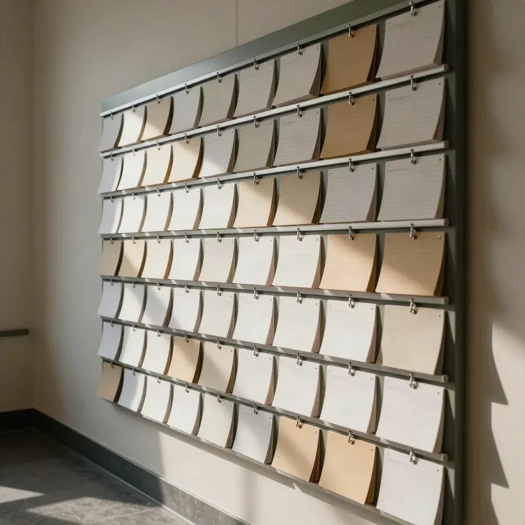 Calendario académico mural con carpetas y divisores, en un pasillo universitario oscuro y solemne.