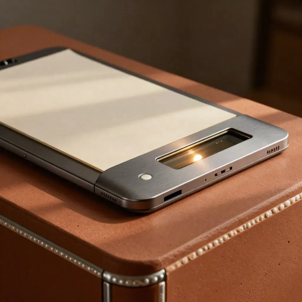 Estación digital de trámites con tableta apagada, lector de tarjetas y luz de verificación encendida sobre terracota.