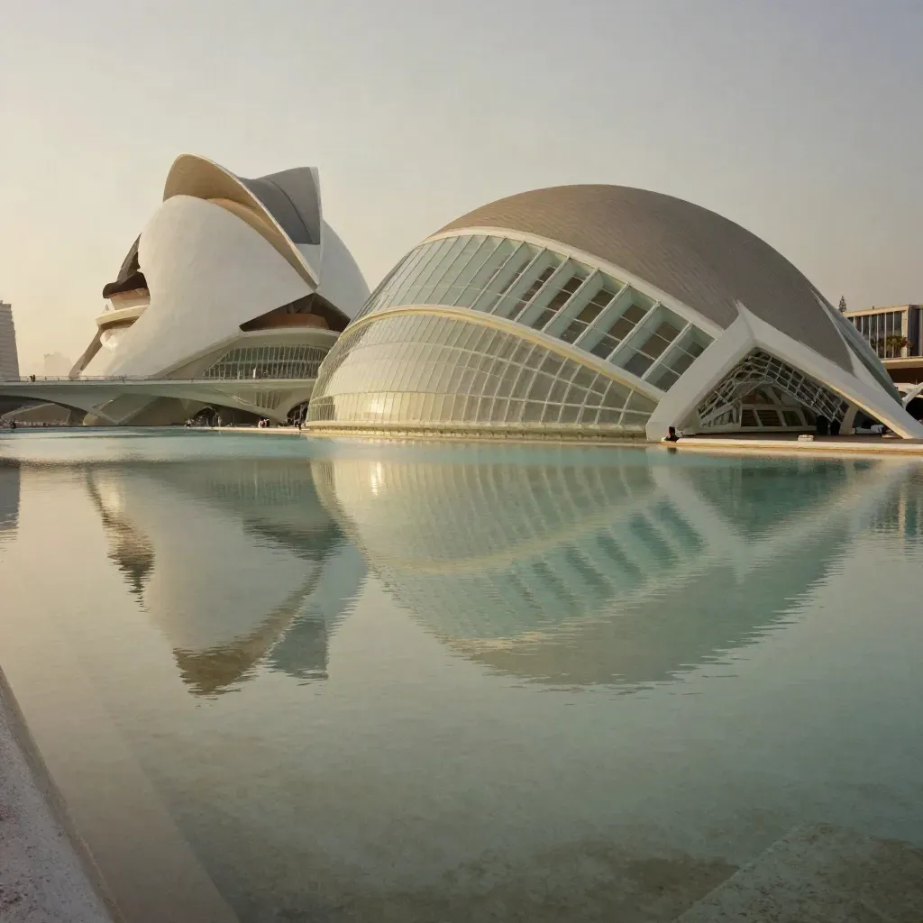 Valencia al atardecer con la Ciudad de las Artes y las Ciencias sobre agua serena.